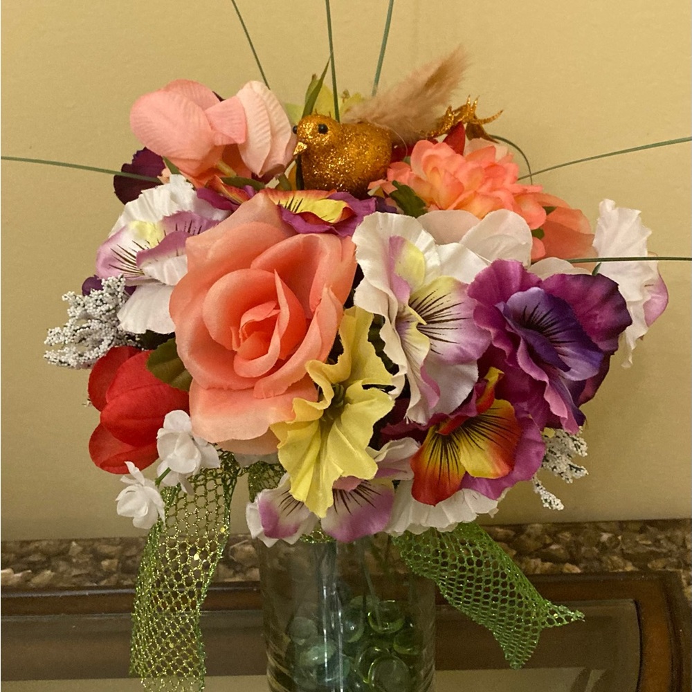 Beautiful Spring Flower Arrangement with little Orange Bird Accent.
